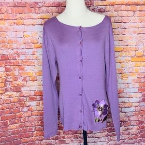 Andrea Viccaro Purple Floral Embroidered Button Down Silk Cardigan